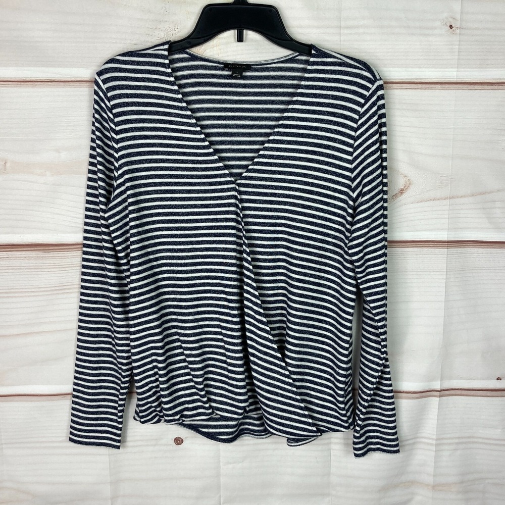 Ann Taylor Top Womens Small Blue White Stripe Faux Wrap Blouse Soft Knit V-Neck‎